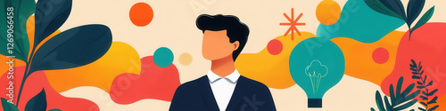Business professional surrounded by floating abstract designs and bright ideas, symbolizing creative problem-solving through intuition