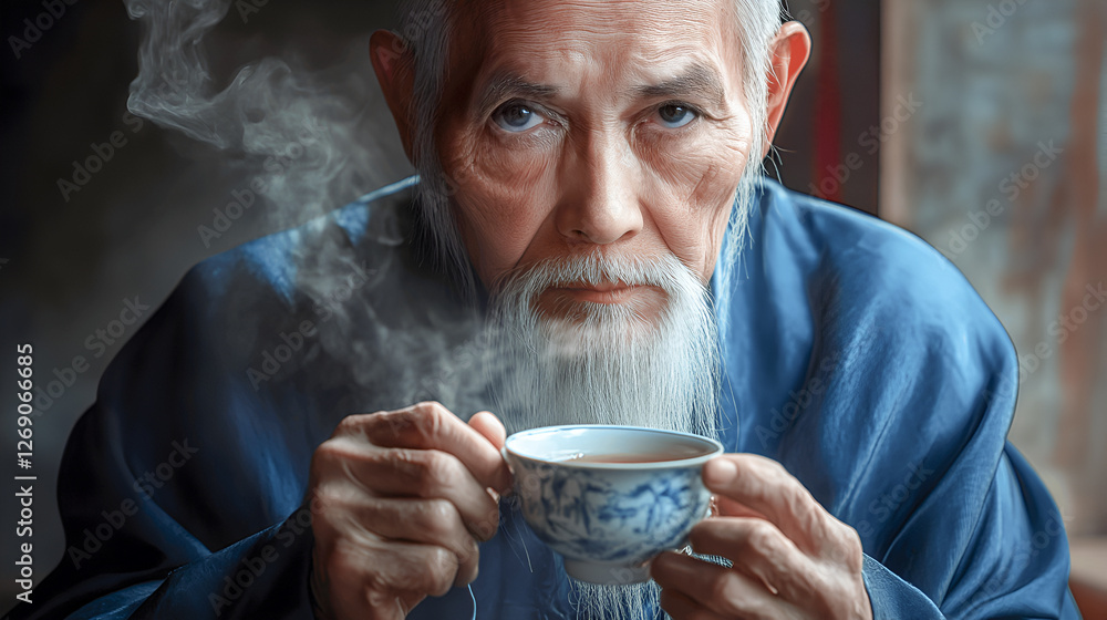 Japanese sage man with tea in his hands Japanese sage man with tea in his hands