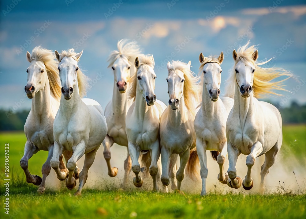 Fototapeta premium Minimalist White Horses Galloping Across Field - Joyful Herd Dynamic Angle Stock Photo