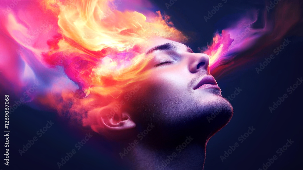 Creative thinker surrounded by bright abstract ideas, swirling patterns symbolizing the birth of innovative designs Creative thinker surrounded by bright abstract ideas, swirling patterns symbolizing the birth of innovative designs