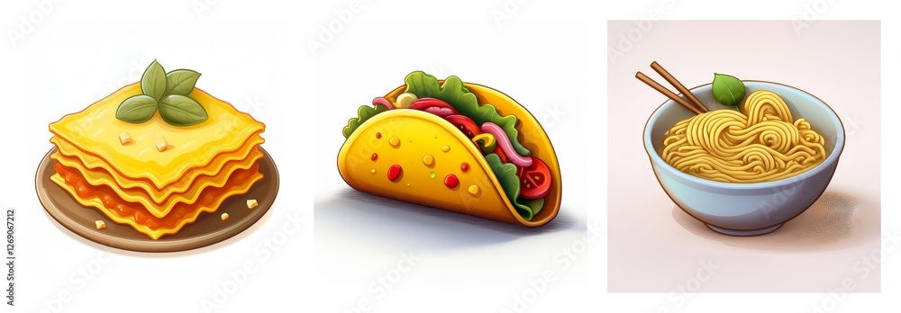 Three food icons include a layered lasagna topped with basil, a loaded taco, and a bowl of yellow noodles with chopsticks. Three food icons include a layered lasagna topped with basil, a loaded taco, and a bowl of yellow noodles with chopsticks.