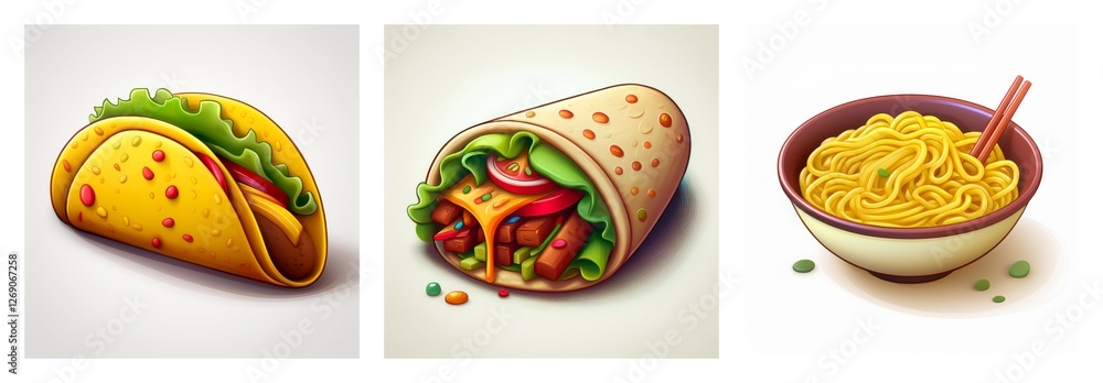 Three distinct food items are displayed: a taco with lettuce and fillings, a burrito wrapped, and a bowl of yellow noodles with chopsticks. Three distinct food items are displayed: a taco with lettuce and fillings, a burrito wrapped, and a bowl of yellow noodles with chopsticks.