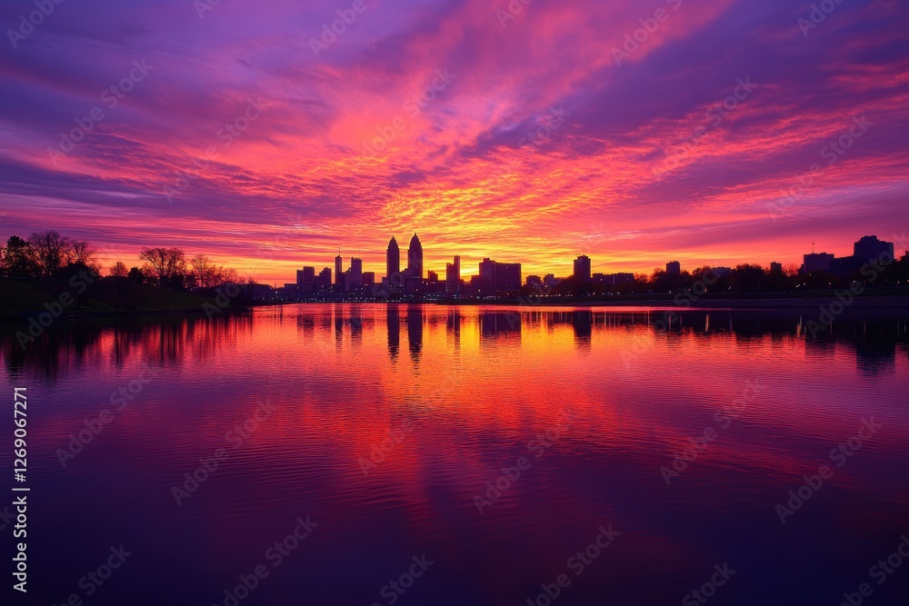 Fototapeta premium Stunning Sunset Over Urban Skyline with Vibrant Colors Reflecting in Water, Dramatic Clouds and Silhouette of City Buildings, Peaceful Evening Atmosphere