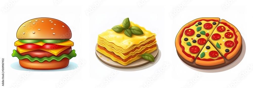 Three food icons: a burger with fresh toppings, a lasagna with basil, and a sliced pepperoni pizza. Savory and delicious meals. Three food icons: a burger with fresh toppings, a lasagna with basil, and a sliced pepperoni pizza. Savory and delicious meals.