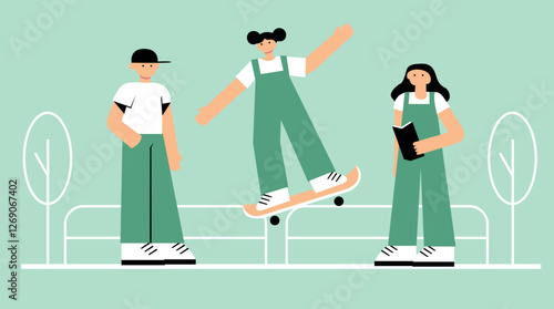 3 flat illustrations teenagers in fashionable clothes
