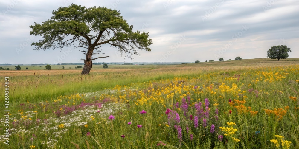 Detailed landscape photograph of a field with a tall tree and vibrant wildflowers swaying in the breeze, soft focus, field view, wildflower bloom