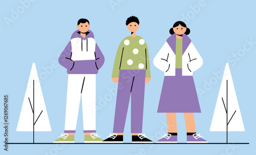 3 flat illustrations teenagers on a walk