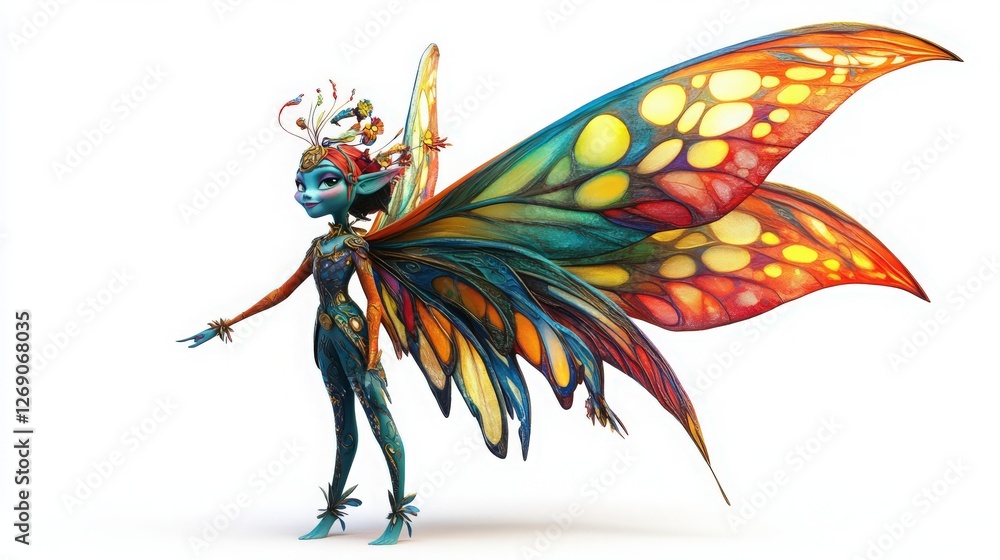 Fototapeta premium Whimsical Fairy with Colorful Wings on a Clean White Background