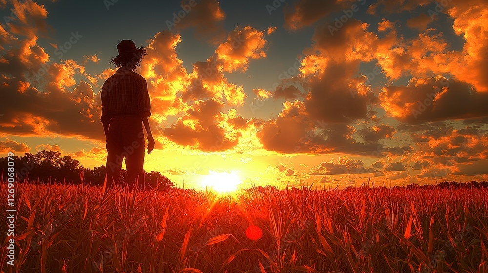 Fototapeta premium A thoughtful man standing alone in a wide open field under a vast blue sky