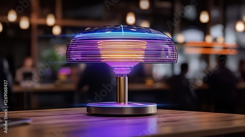 Futuristic table lamp with glowing lines in a cafe.
