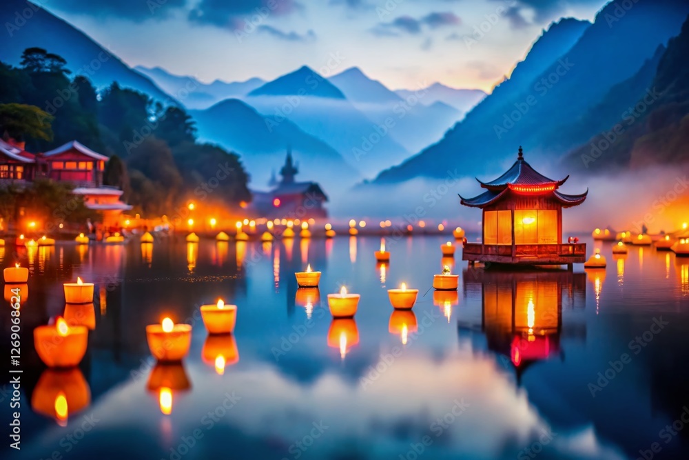 Fototapeta premium Misty Lake Lantern Festival Dusk - Tilt-Shift Miniature Scene