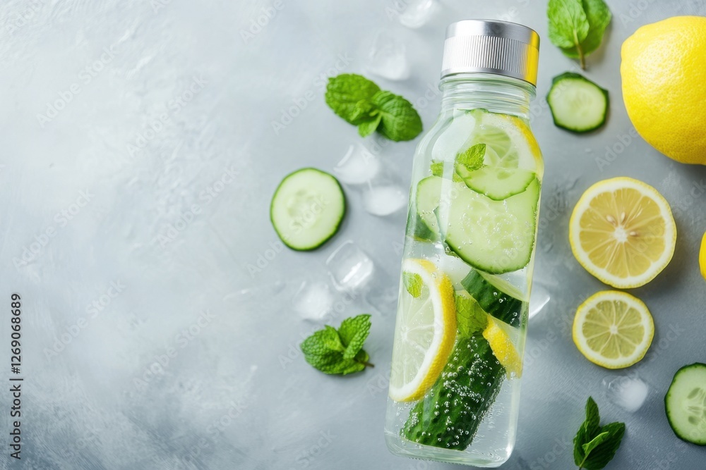 Refreshing cucumber-infused detox water bottle with lemon slices kitchen counter beverage photography bright natural light health and wellness concept Refreshing cucumber-infused detox water bottle with lemon slices kitchen counter beverage photography bright natural light health and wellness concept