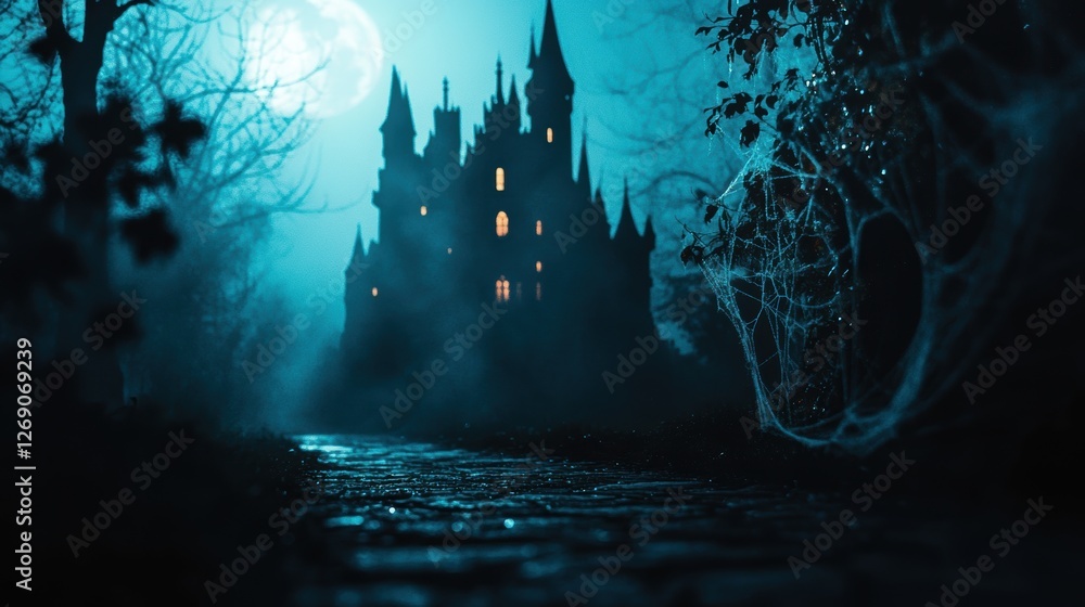 Enigmatic Gothic Castle Under Full Moon Surrounded by Mist and Spider Webs Creating an Eerie and Mysterious Atmosphere for Halloween Enigmatic Gothic Castle Under Full Moon Surrounded by Mist and Spider Webs Creating an Eerie and Mysterious Atmosphere for Halloween