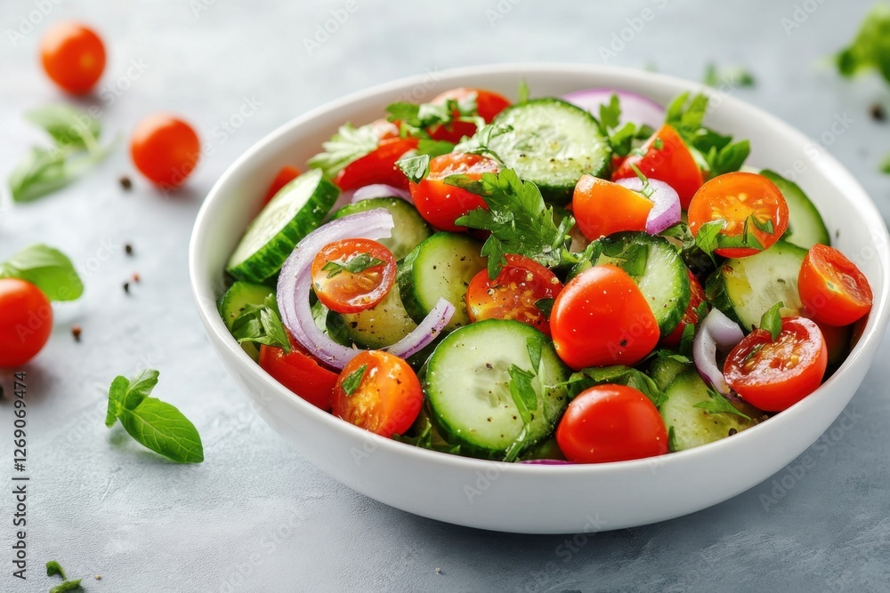 Refreshing cucumber salad with cherry tomatoes bright kitchen setting culinary delight vibrant colors close-up view healthy eating concept Refreshing cucumber salad with cherry tomatoes bright kitchen setting culinary delight vibrant colors close-up view healthy eating concept