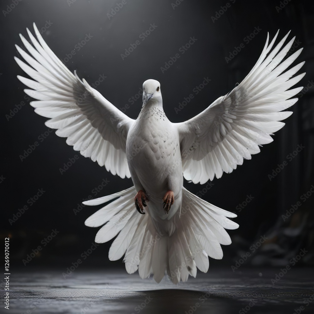 Fototapeta premium Elegant dove with open wings in a serene black environment, motion, isolated, simplicity, flying, ethereal
