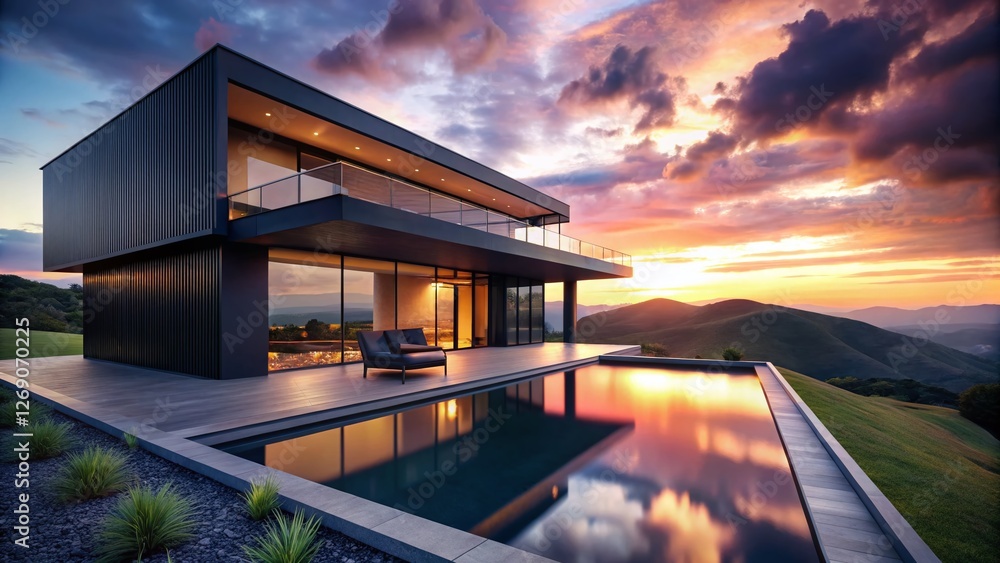 Fototapeta premium Modern Black House Infinity Pool Dusk Green Hills Architectural Photography