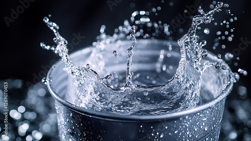 Water pouring out of a tilted bucket mid-motion splash