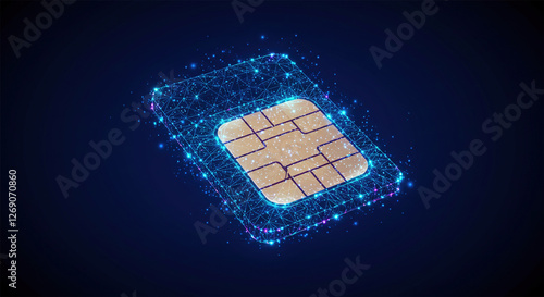 Futuristic glowing low polygonal sim card made of lines, light particles on dark blue background.