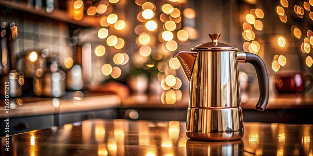 Modern Copper Coffee Maker on Kitchen Countertop with Bokeh Background Modern Copper Coffee Maker on Kitchen Countertop with Bokeh Background