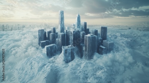 Futuristic city buried under layers of snow and ice after a massive avalanche, with towering skyscrapers peeking through the frozen landscape photo