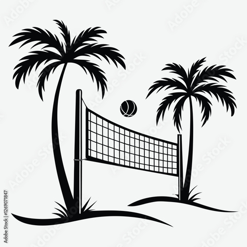 Silhouette of a beach volleyball net with palm trees on either side design vector art with illustration