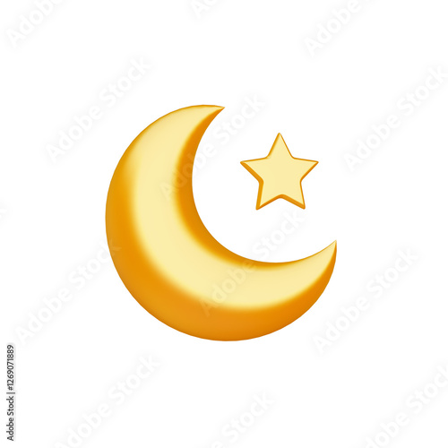3D Illustration of the Crescent Moon and Star Islamic Symbol