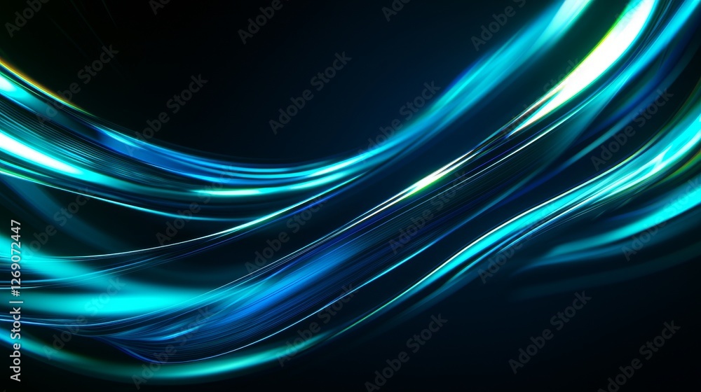 Naklejka premium Dark-themed background with sharp motion blur of glowing blue and green lines, fast-paced cyberpunk vibe