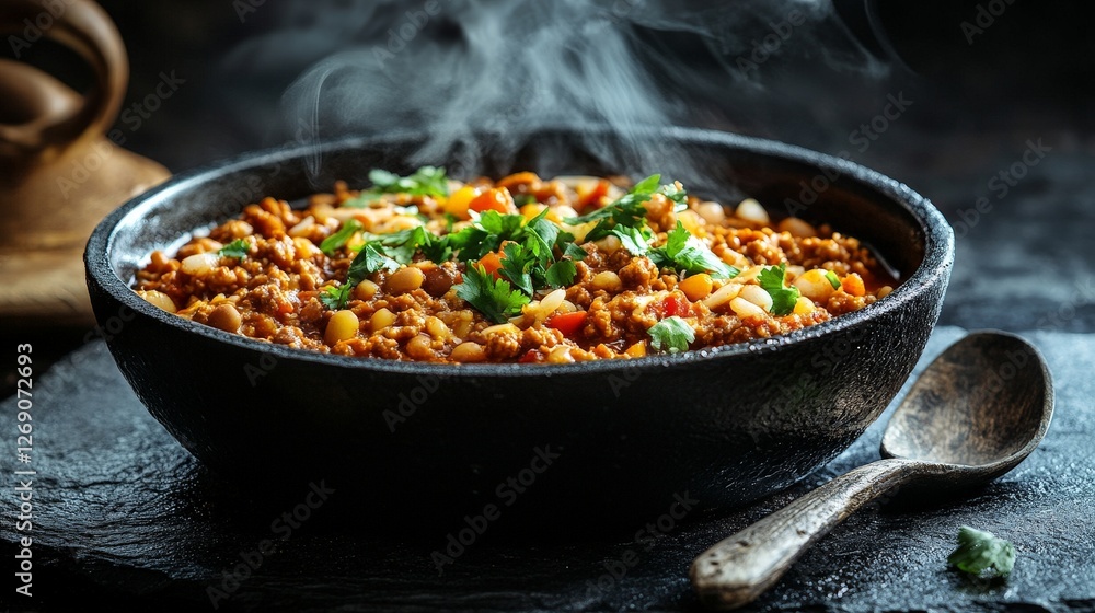 A steaming bowl of hearty lentil stew garnished with fresh herbs. A steaming bowl of hearty lentil stew garnished with fresh herbs.