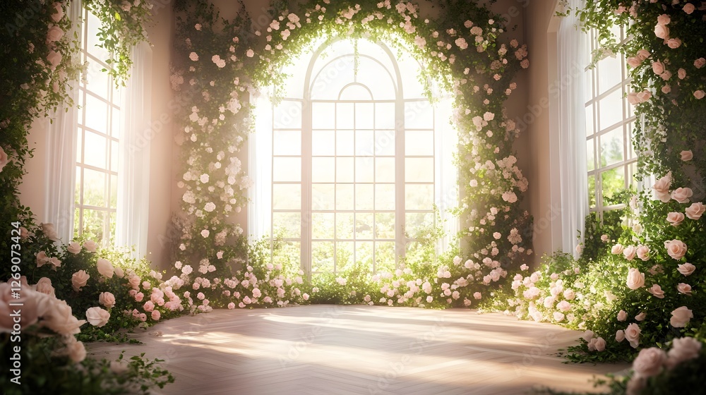 Wedding backdrop with gate of flowers generative AI Wedding backdrop with gate of flowers generative AI