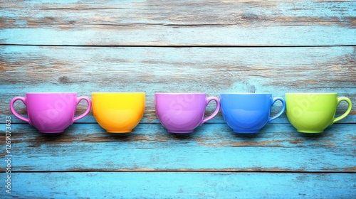 Colorful Cups on Rustic Wooden Background photo