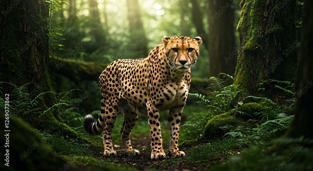 Obraz premium Cheetah Stands Alertly in Lush Forest Glade Wild Animal Portrait