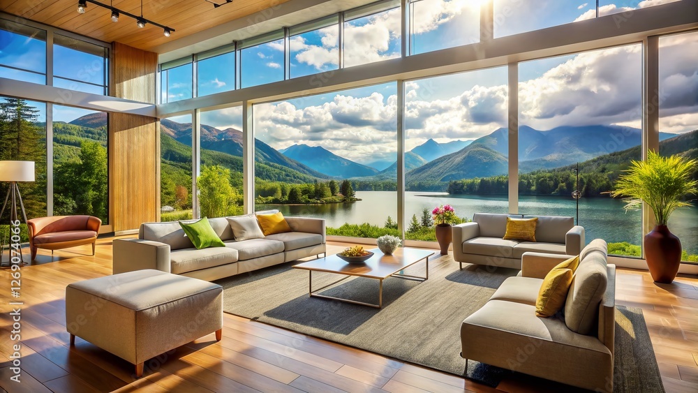 Modern Living Room with Stunning Lake & Mountain View Interior Design Modern Living Room with Stunning Lake & Mountain View Interior Design