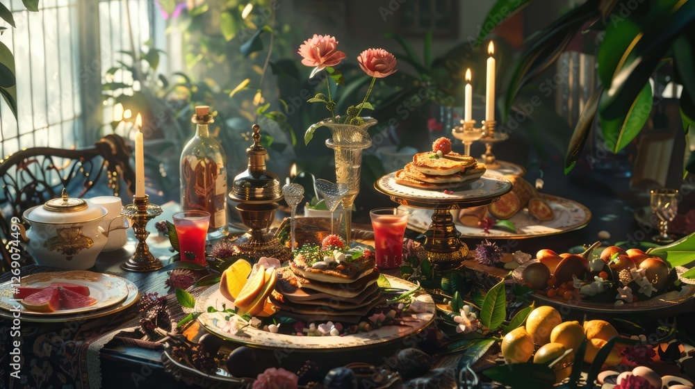 A beautifully arranged table featuring pancakes, fruits, and drinks, surrounded by lush greenery and floral decor A beautifully arranged table featuring pancakes, fruits, and drinks, surrounded by lush greenery and floral decor