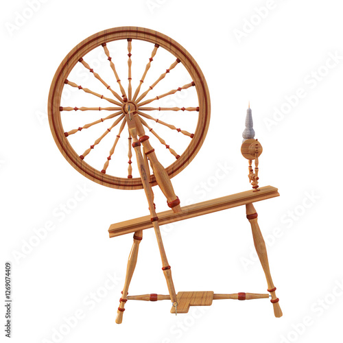 A light wooden spinning wheel, with a spindle with white yarn. 3D illustration on transparent background. 