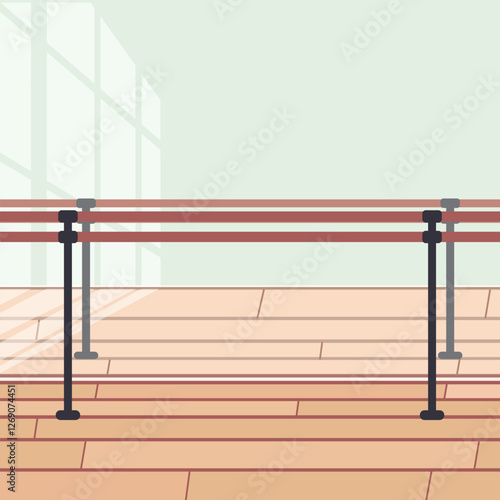 Sunny hall in ballet school with horizontal bars and big mirror. Dancing studio for occupations choreography. Interior. Poster, Banner, Flyer, Greeting Card. Vector illustration in flat style