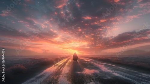 Solitude at Sunrise: A lone figure stands on a long, wet road, silhouetted against a breathtaking sunrise.