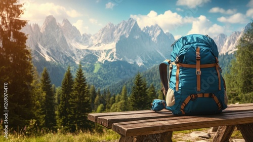 Fototapeta Naklejka Na Ścianę i Meble -  A backpack resting on a wooden bench with a mountain range in the background
