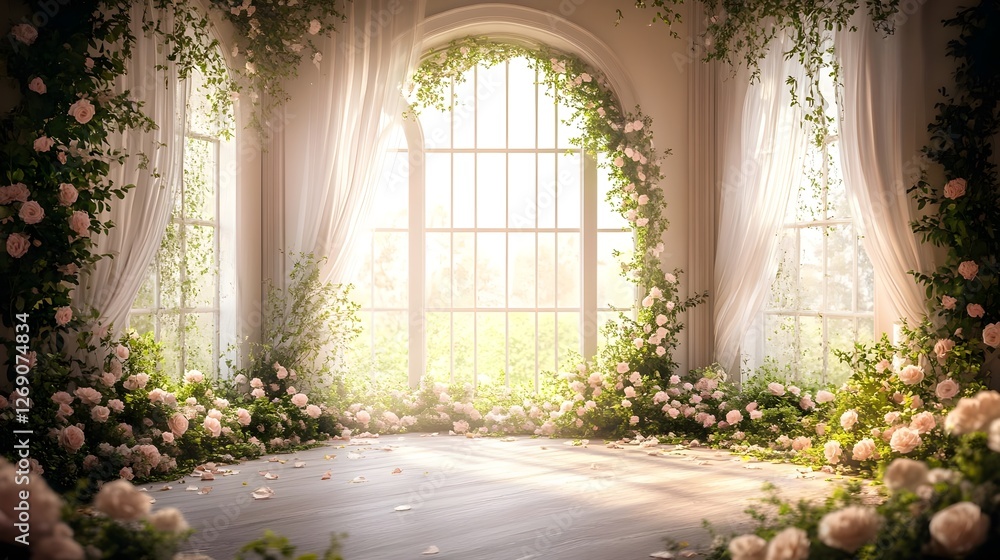 Wedding backdrop with gate of flowers generative AI Wedding backdrop with gate of flowers generative AI