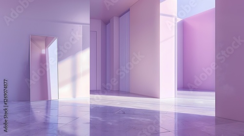 Pastel Interior:  A minimalist modern interior with a cool, serene ambiance, featuring a spacious room bathed in natural light filtering through large windows, casting soft, pastel hues on the sleek.