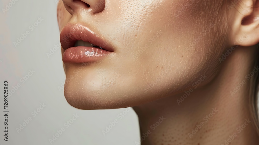 Obraz premium Close-up Beauty: A close-up, soft-focus shot captures a woman's delicate features, showcasing her smooth, luminous skin and perfectly defined lips. The subtle lighting enhances her natural beauty. 