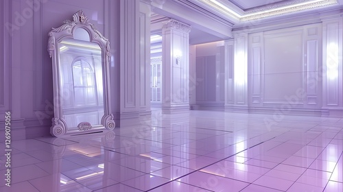 Lilac Luxury: An expansive, minimalist space, bathed in a soft lilac glow, is accentuated by a grand, ornate mirror reflecting the room's elegance.