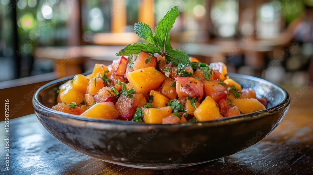 A bowl of vibrant fruit salad with mint leaves on top for garnish A bowl of vibrant fruit salad with mint leaves on top for garnish