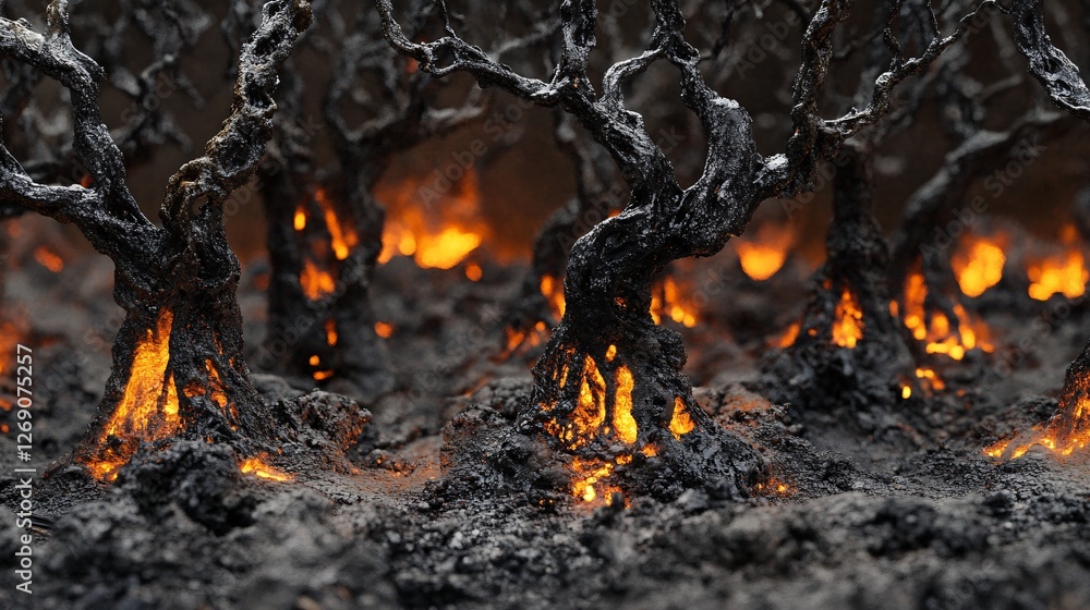 A burning forest with trees made of charred bones and glowing embers A burning forest with trees made of charred bones and glowing embers
