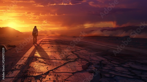 Solitary Sunset Journey: A lone figure stands at the edge of a cracked asphalt road, silhouetted against a breathtaking sunset, conveying a sense of introspection and the unknown.  