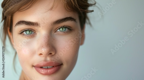 Close-up Portrait of a Woman with Green Eyes: A captivating close-up portrait of a young woman with striking green eyes and soft, natural makeup.