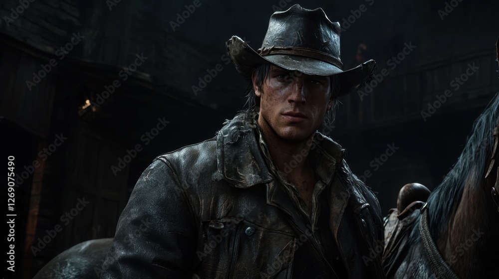 Cowboy stands confidently next to his horse in a dimly lit barn at dusk, showcasing strong character and rugged attire Cowboy stands confidently next to his horse in a dimly lit barn at dusk, showcasing strong character and rugged attire
