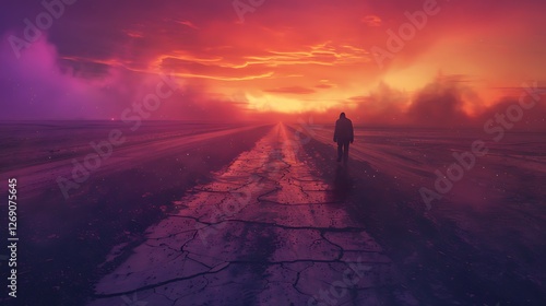 Solitary Journey: A lone figure walks a cracked road towards a vibrant, fiery sunset, conveying a sense of introspection, hope, and the unknown.  