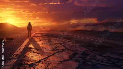 Desolate Road at Sunset: A lone figure stands at the edge of a cracked asphalt road, silhouetted against a fiery sunset. The scene evokes feelings of solitude, journey, and the unknown.