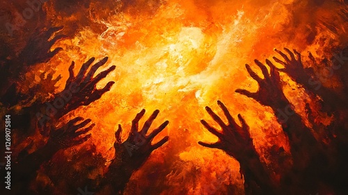 A fiery chasm filled with tortured souls reaching out in agony from the glowing depths