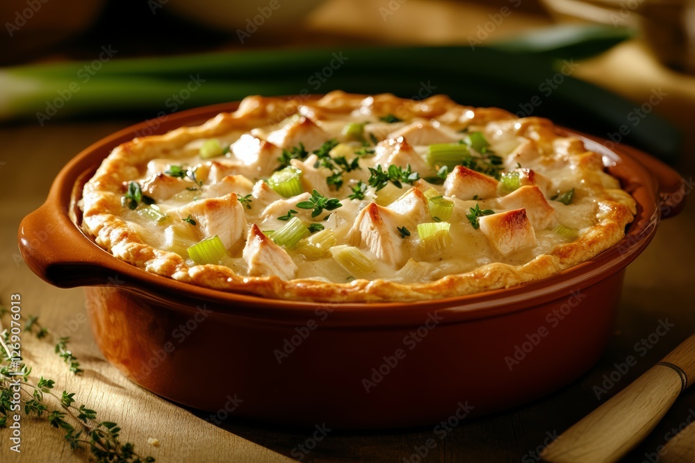 A beautifully rustic chicken pot pie with a golden brown crust is served in a classic ceramic dish. The flaky pastry and hearty filling epitomize comforting homemade meals. A beautifully rustic chicken pot pie with a golden brown crust is served in a classic ceramic dish. The flaky pastry and hearty filling epitomize comforting homemade meals.